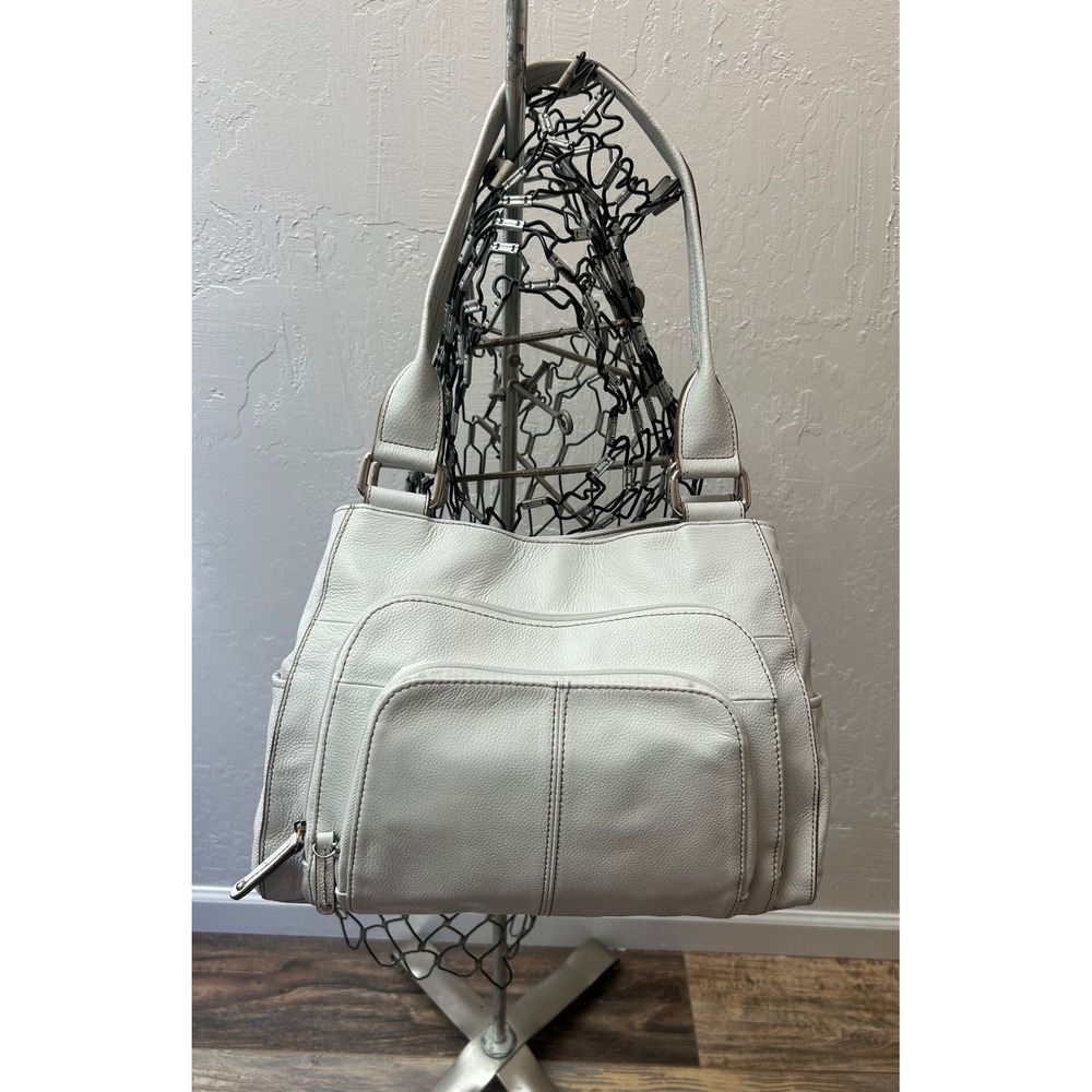Tignanello Off White Pebbled Leather Shoulder Bag Triple Compartment Handbag